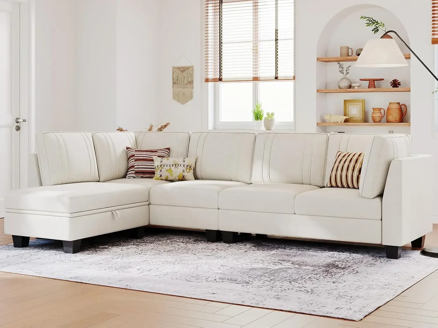 

4 Seater Sectional Sofa with Reversible Chaise Velvet L Shaped Sofa Sectional Couch with Convertible Storage Ottoman Beige