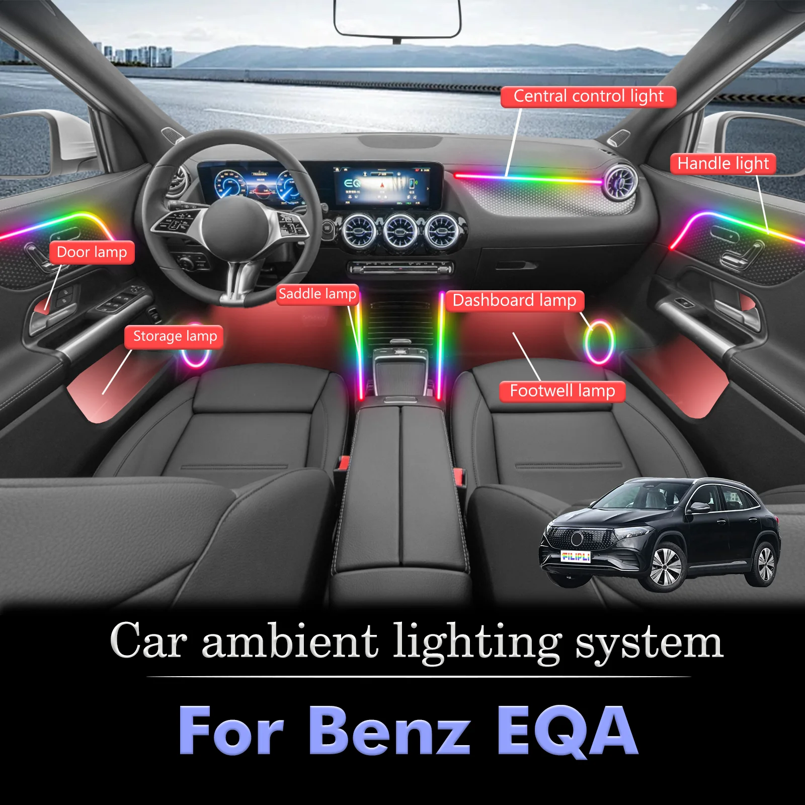

For BenZ EQA Smart Remote Control Car Interior Ambient Light RGB 64 Colors LED Energy Saving Efficient Lamp Kit