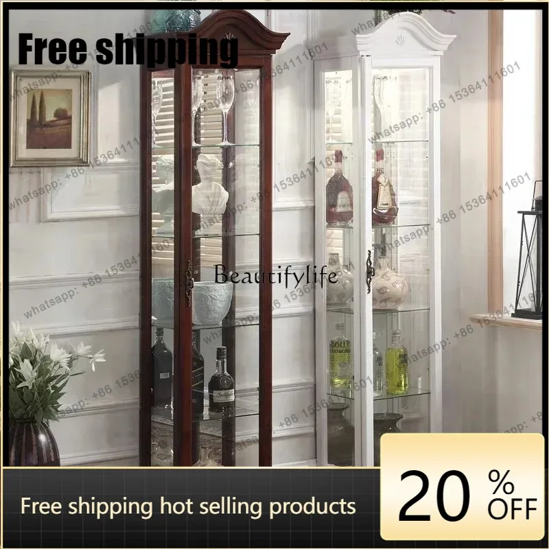JJ Luxury Solid Wood Wine Cabinet Against The Wall Glass Display White Narrow Cabinet