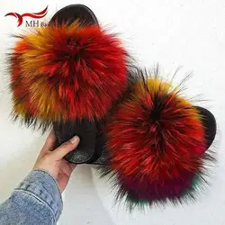 2025 Summer Real Fox Fur Slippers Women Indoor Home Non-slip Platform Shoes Outdoor Beach Luxury Fashion Sandals