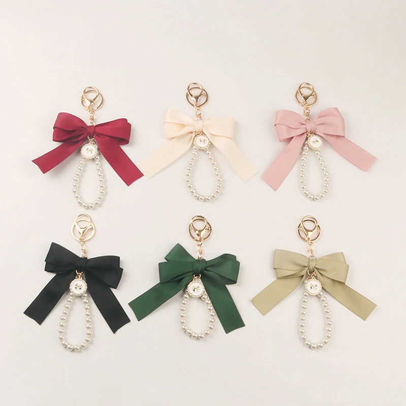 Large Bowknot Ribbon Pearl Key Chain Headphone Case Accessories  Bag Pendant Korean Ins Sweet DIY Key Holder Fashion Keyring