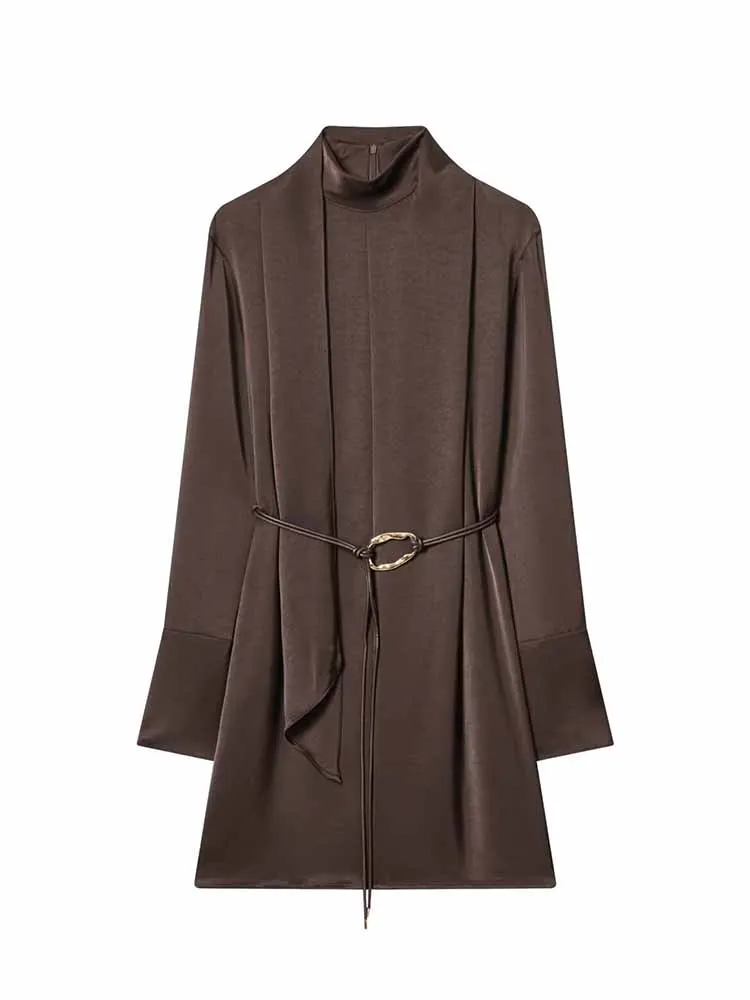 

HH Woman Early Spring Fashion Half Turtleneck Scarf Streamer Silk Satin Texture Long Sleeves Dress Female Street Style Dress