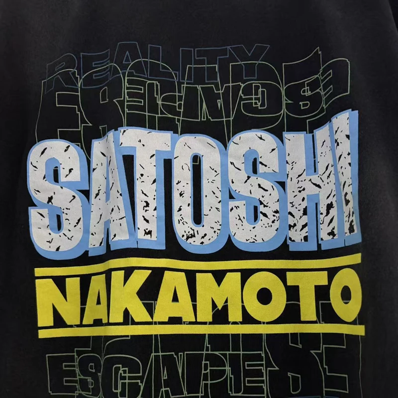 SATOSHI NAKAMOTO Tee Destruction Collar Personality Casual Short Sleeved Retro Washed Vintage Style High Street Unisex T-shirt