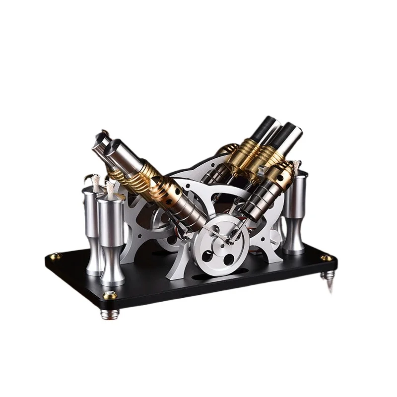 Precision High-end Manufacturing All-metal Can Start V4 Twin-cylinder Four-cylinder Stirling Engine Generator Set Antique Engine