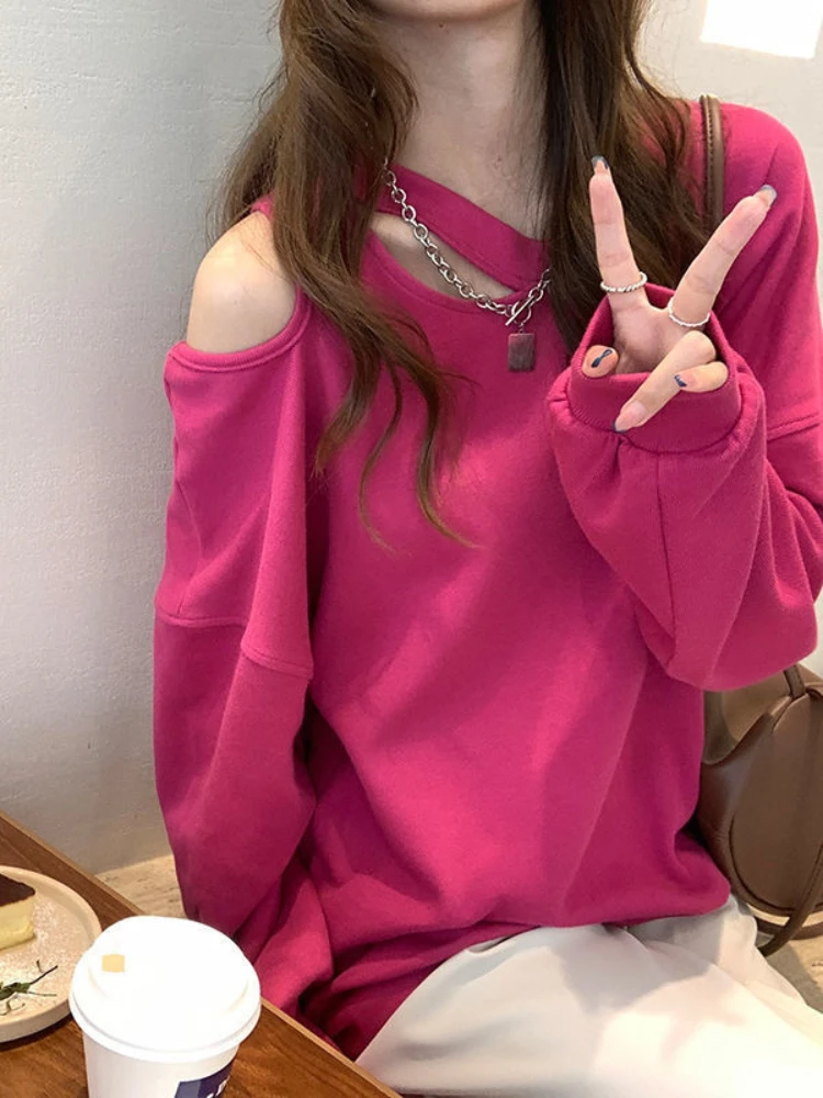 

Deeptown Y2K Korean Style Pink Hoodies Women Sexy Off Shoulder Sweatshirts Green Loose Hollow Out All-match Crewneck Tops E-girl