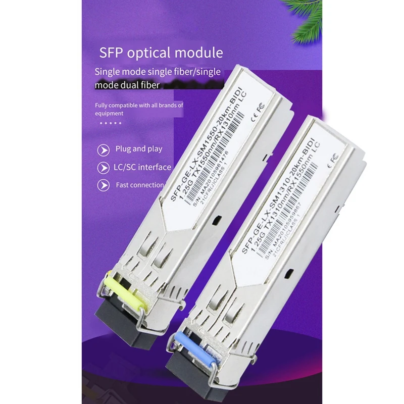 Módulo Gigabit de Fibra SFP, Compatível com Vários Tipos de Interruptores, Modo Único, 20km, LC, 1310nm, 1550nm, 1.25G, 1 Par