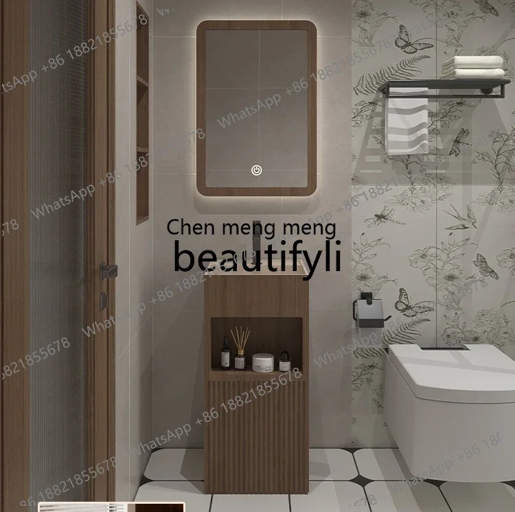 

New arrive Column basin Integrated floor-to-ceiling wash basin Walnut texture Storage Home retro bathroom