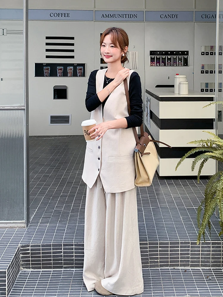 

Элегантный женский костюм-тройка в корейском стиле: жилет, брюки с широкими штанинами и футболка для весны и осени, с высокой талией