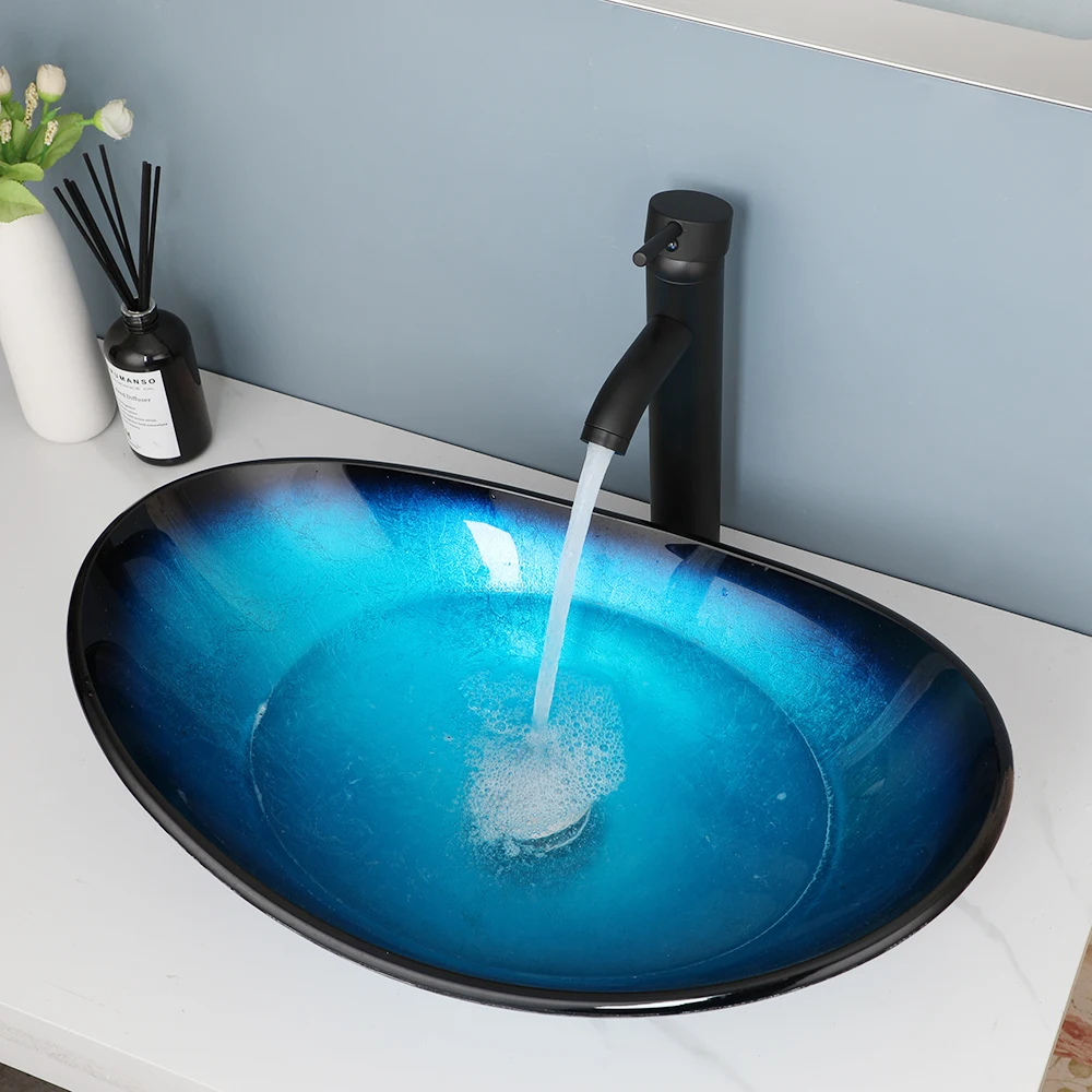 KEMAIDI Blue Tempered Glass Oval Vessel Sink Faucet Set Bathroom Solid Sink With Matte Black Hot Cold Water Faucets Mixer Drain