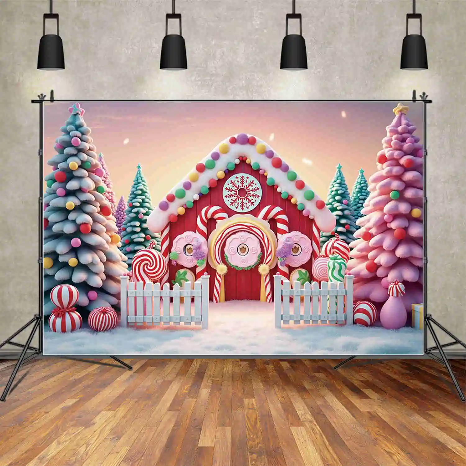 MOON.QG 2024 Christmas Gingerbread Houses Background Photography New Year Pine Tree Photocall Backdrop Child Studio Accessories