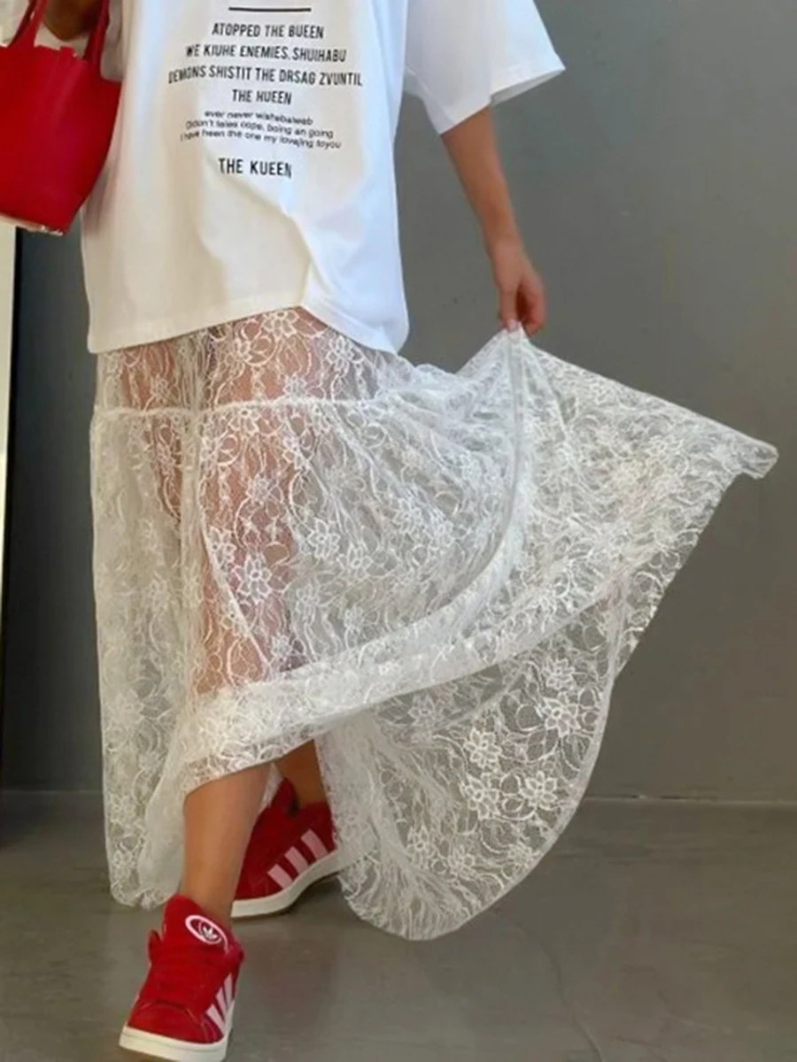 Lace Jacquard Transperant Skirt Women Summer New High Waist Sexy Casual Long Skirts 2025 Streetwear Fashion White Maxi Skirt