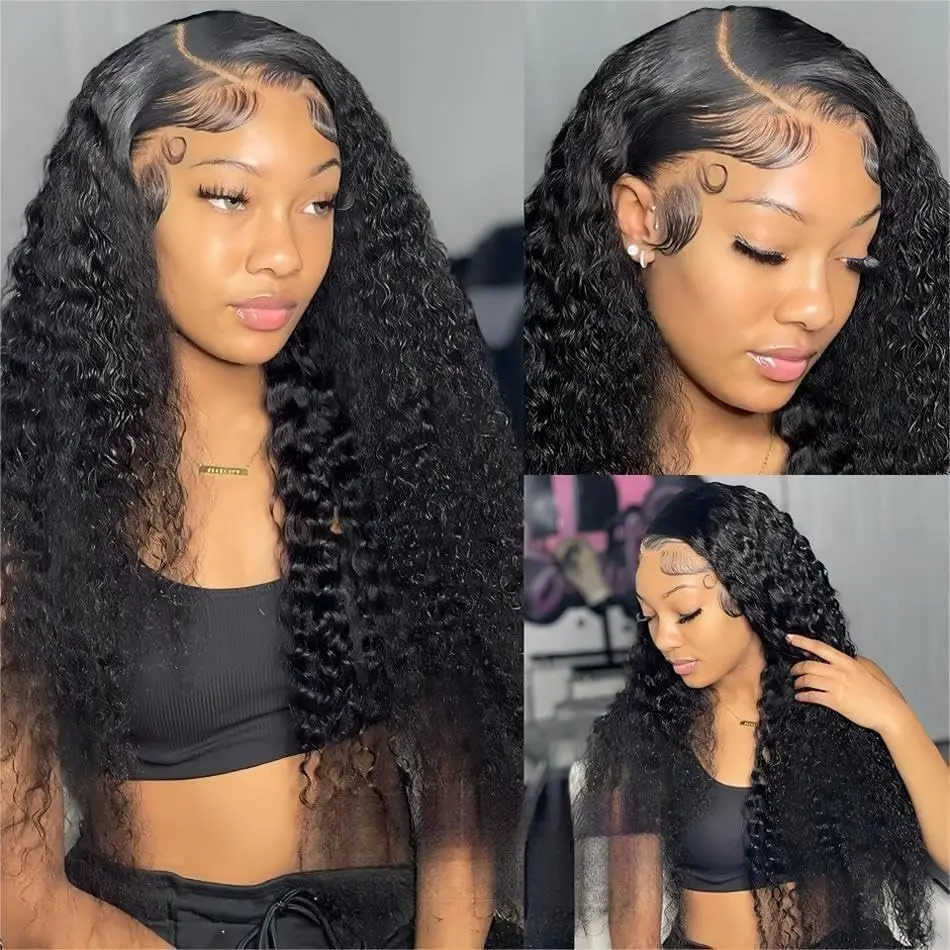 Perruque Lace Front Wig Deep Wave brésilienne naturelle, cheveux bouclés, 34 pouces, pre-plucked, baby hair, pour femmes, densité 200