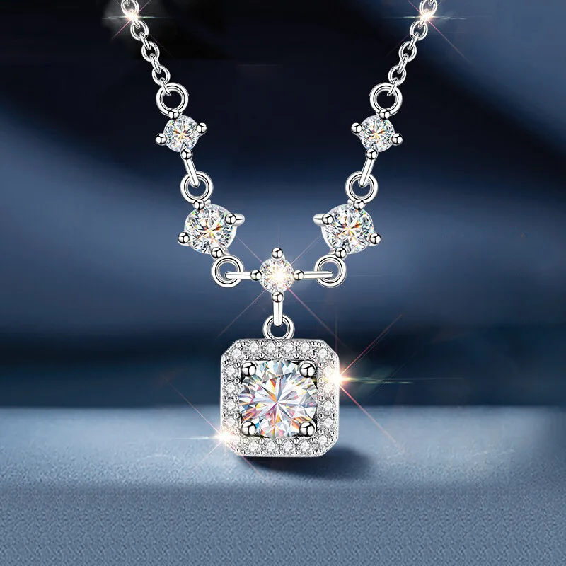 

Moissanite 925 sterling silver tassel necklace accessories for women, niche and high-end square pendant, collarbone chain