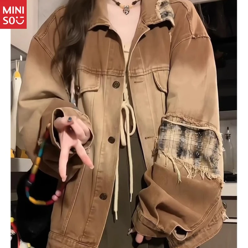 

Miniso 2025 High Street Denim Jacket, Distressed Patchwork Coat, American Vintage Blazer