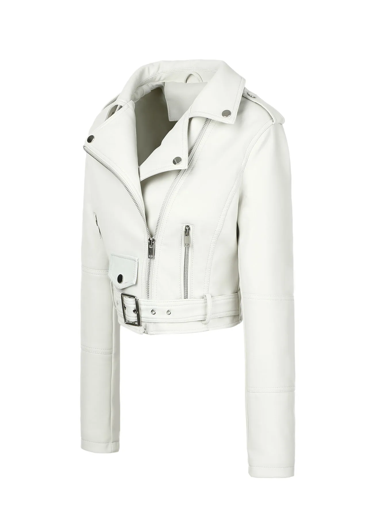 ​ ​   Giacca da motociclista in PU con cintura regolabile da donna: cucitura posteriore slim fit e accenti argento |     2 tasche |     Marrone/Nero/Bianco |     3 stagioni ​ ​