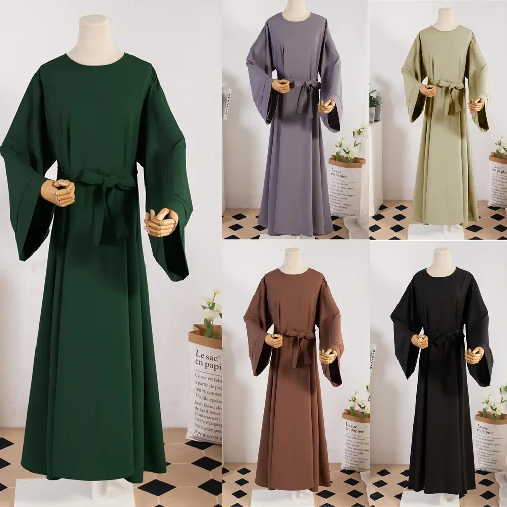 

Muslim Abayas with Belt Loose Kaftan Prayer Dress Women Full Sleeve Islamic Clothing Dubai Robe Long Dresses Ramadan Eid Caftan