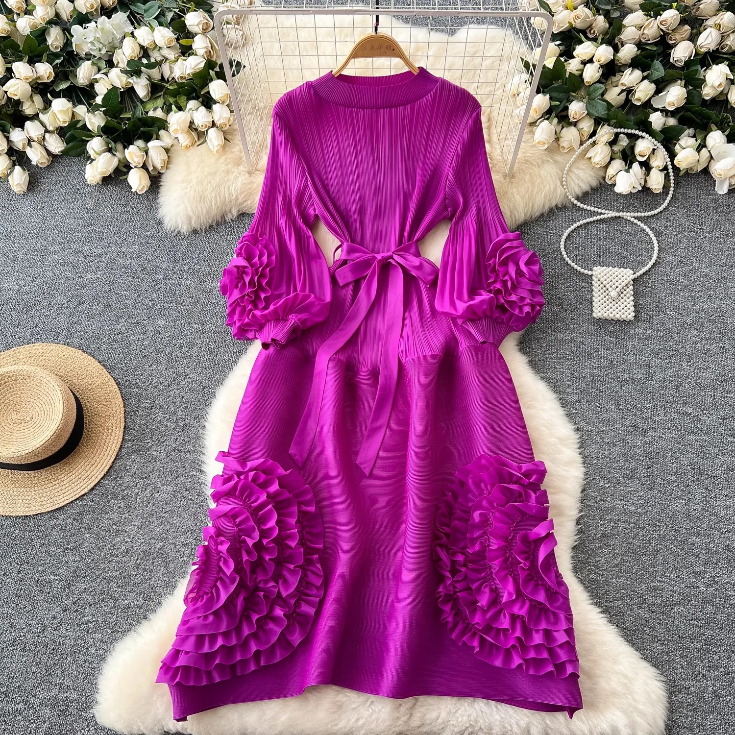 New Miyake High End Tied Up Oversize Pleated Long Robes Turtleneck Bubble Petal Sleeves High Waist Formal Dresses Women Clothing