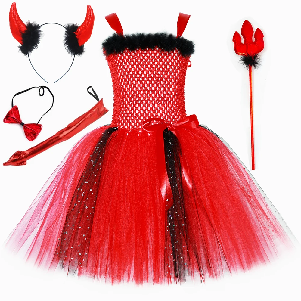 Red Devil Demon Costume for Girls Halloween Tutu Dress Up Clothes Glitter Toddler Kids Carnival Party Dress Wings Horns Outfits