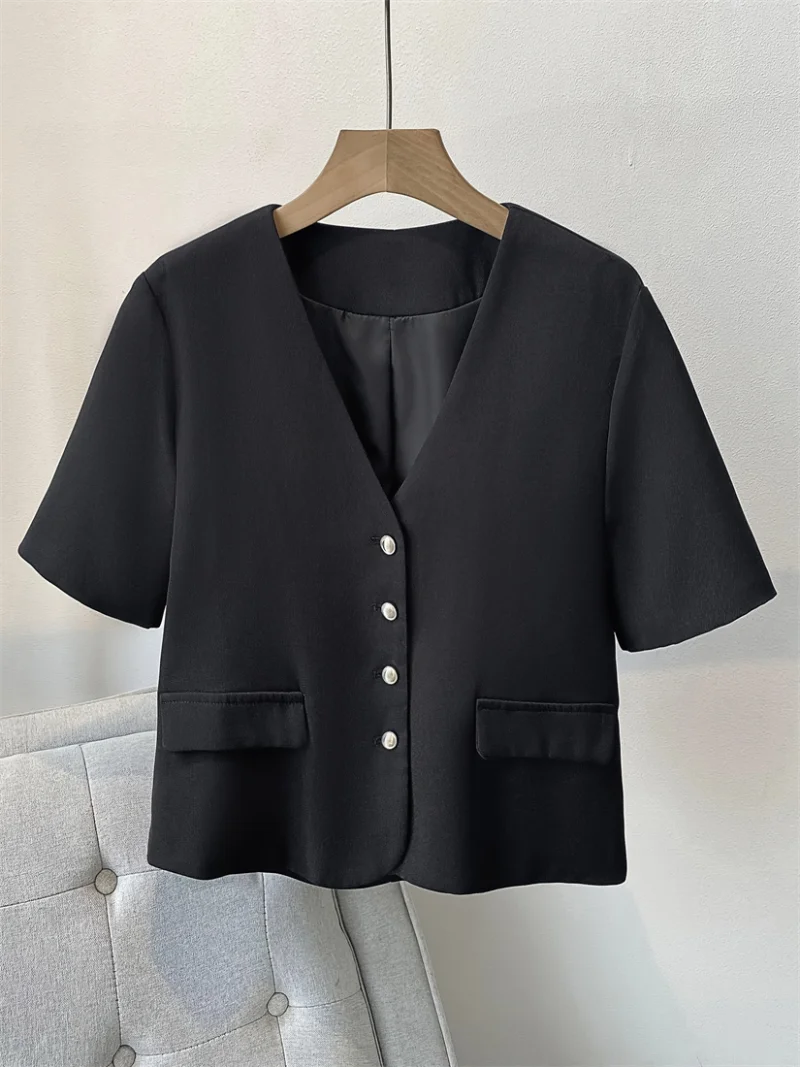 Spring/summer New Suit Jacket Elegant Women\'s V-neck Single-breasted Small Coat Fashion Casual Short-sleeved Top for Office Wear