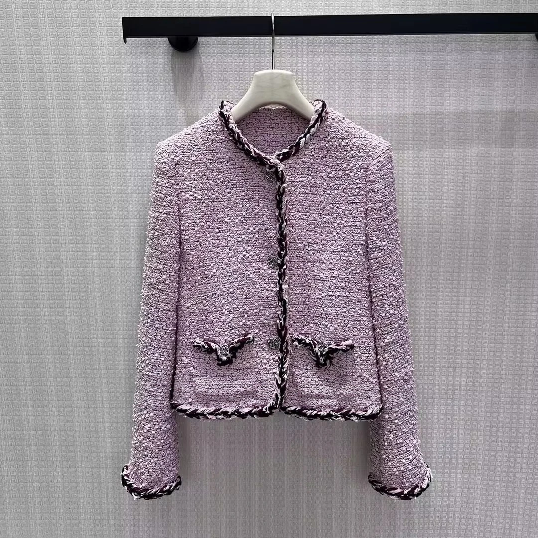2026 New Autumn Fashion Sweet Pink Woven Tweed Jacket Women O-neck Long Sleeve Metal Buttons Pockets Edge Covering Vintage Coat