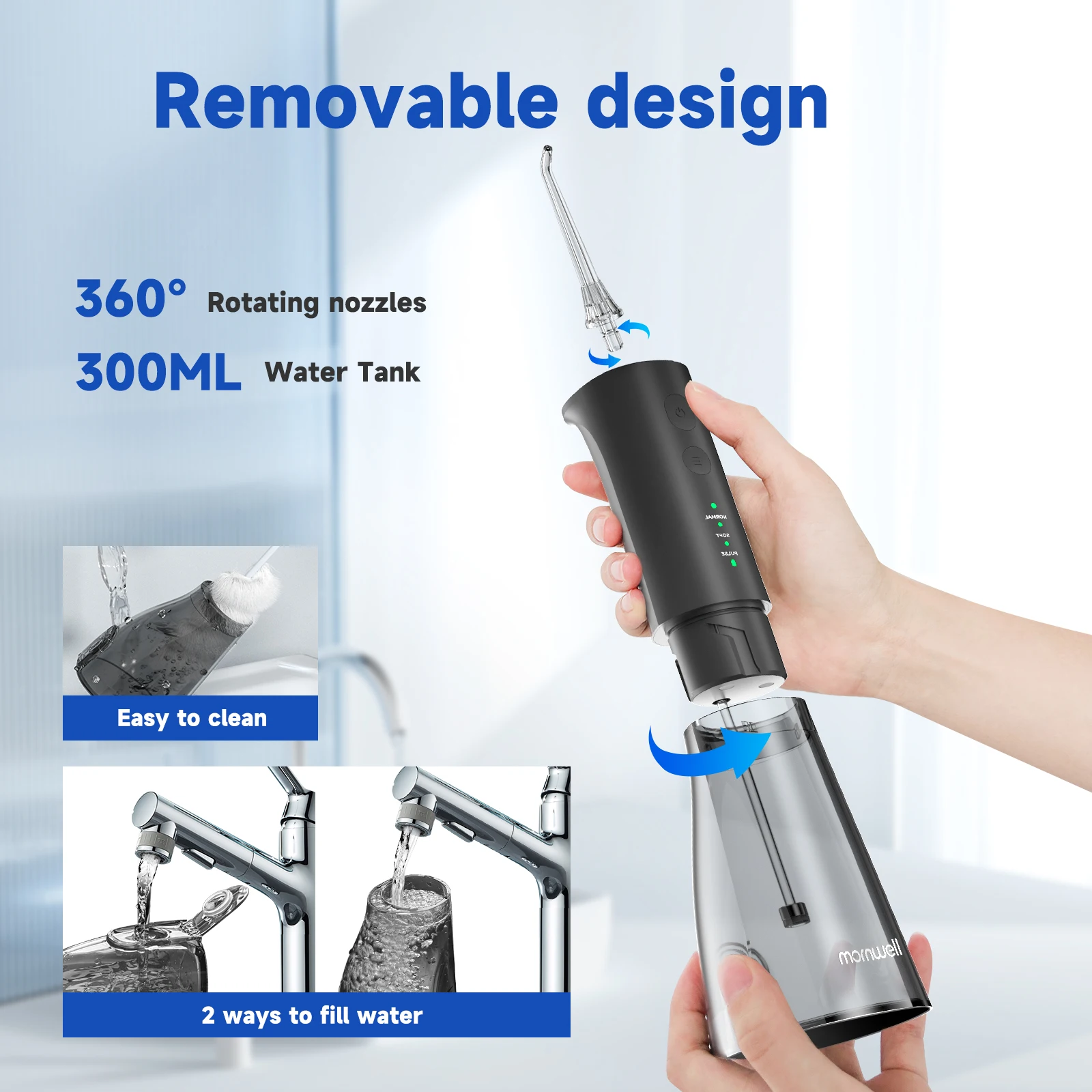 Mornwell F29 Oral Irrigator 3 Mode Water Flosser Dental Water Jet for Teeth Rechargeable Portable 180ML Water Tank Teeth Cleaner