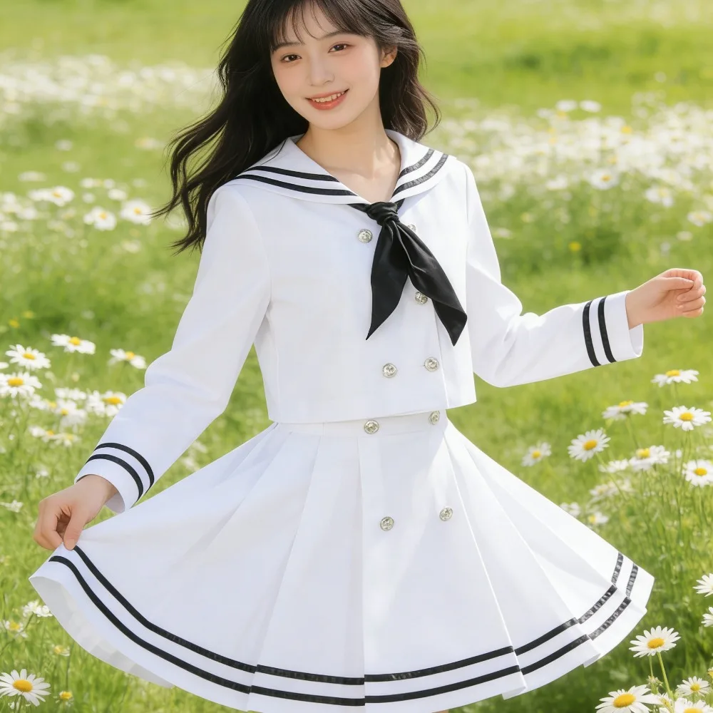 

White Preppy Style Navy Collar Double Breasted JK Sailor Suit Double Striped Top Pleated Skirt Women Cosplay Halloween Outfit
