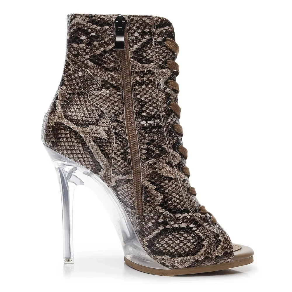 

11.5cm High Dance Heels Brown Leather With Platform Clear Heels Latin Salsa Dance Party Leather Outdoor Dance Shoes