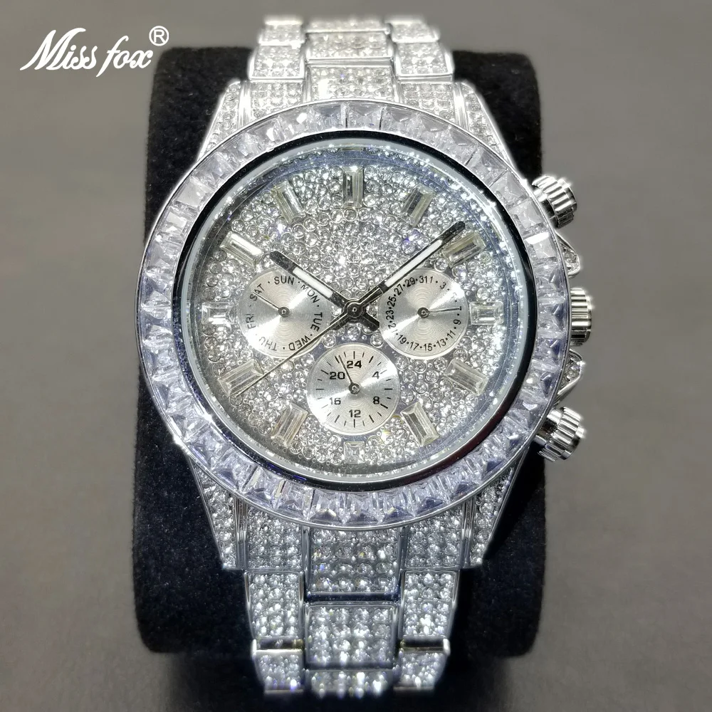 MISSFOX Iced Out Watch For Men Fashion Luxury Diamond Hip Hop Watches Vintage Waterproof Luminous Hands Clock Best Selling 2022