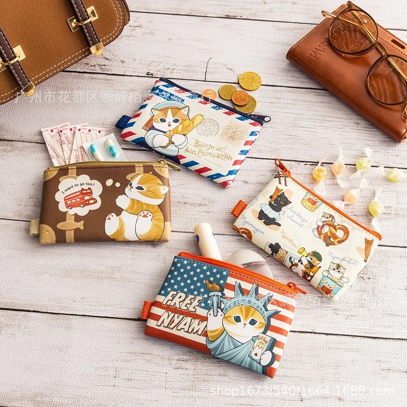 Bolsa de almacenamiento de gato tiburón con sello bonito de dibujos animados japoneses, Mini bolsas de maquillaje de varios lápiz labial pequeño y elegante de viaje de estilo británico