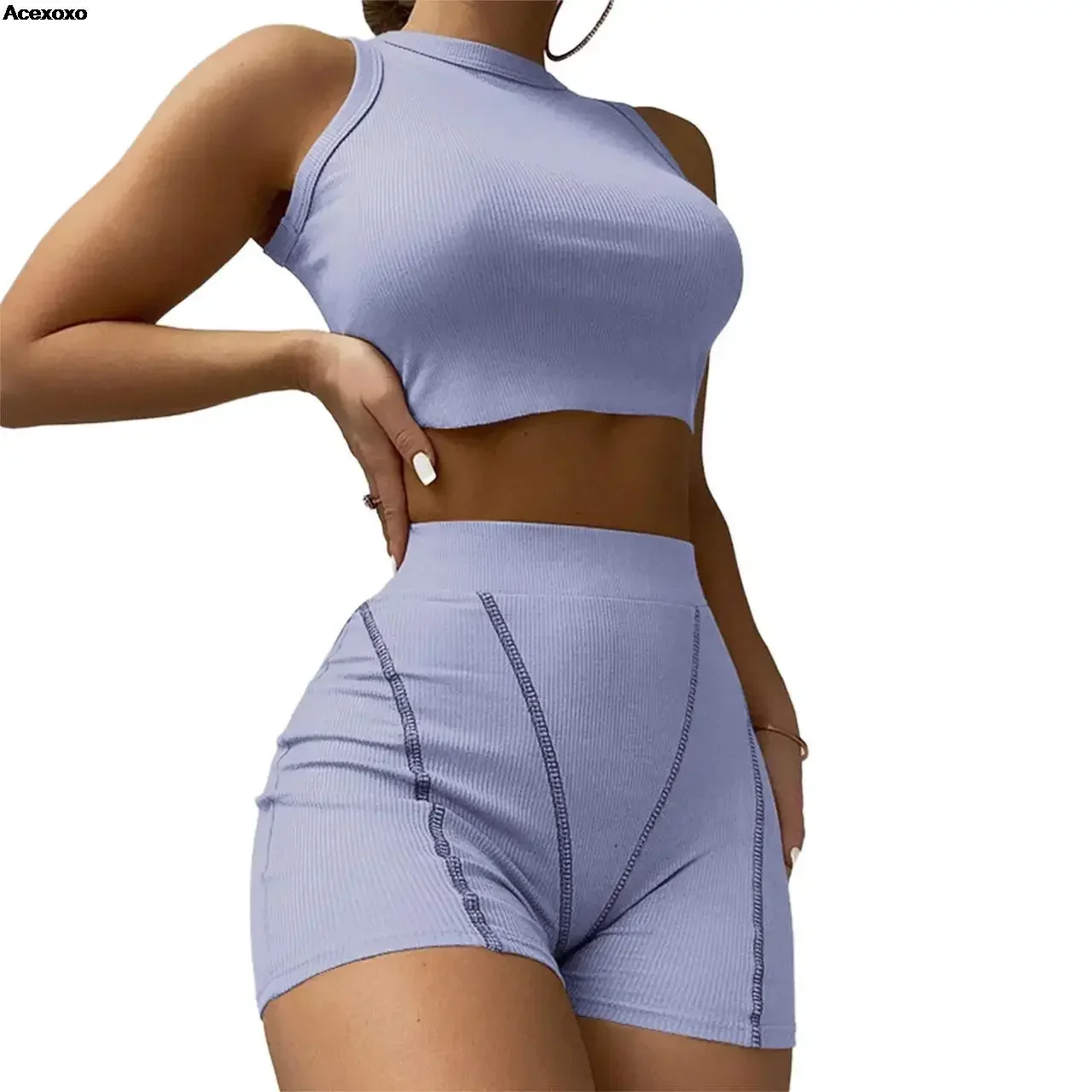 

Summer new women's fashion casual round neck solid color crop sports two-piece set