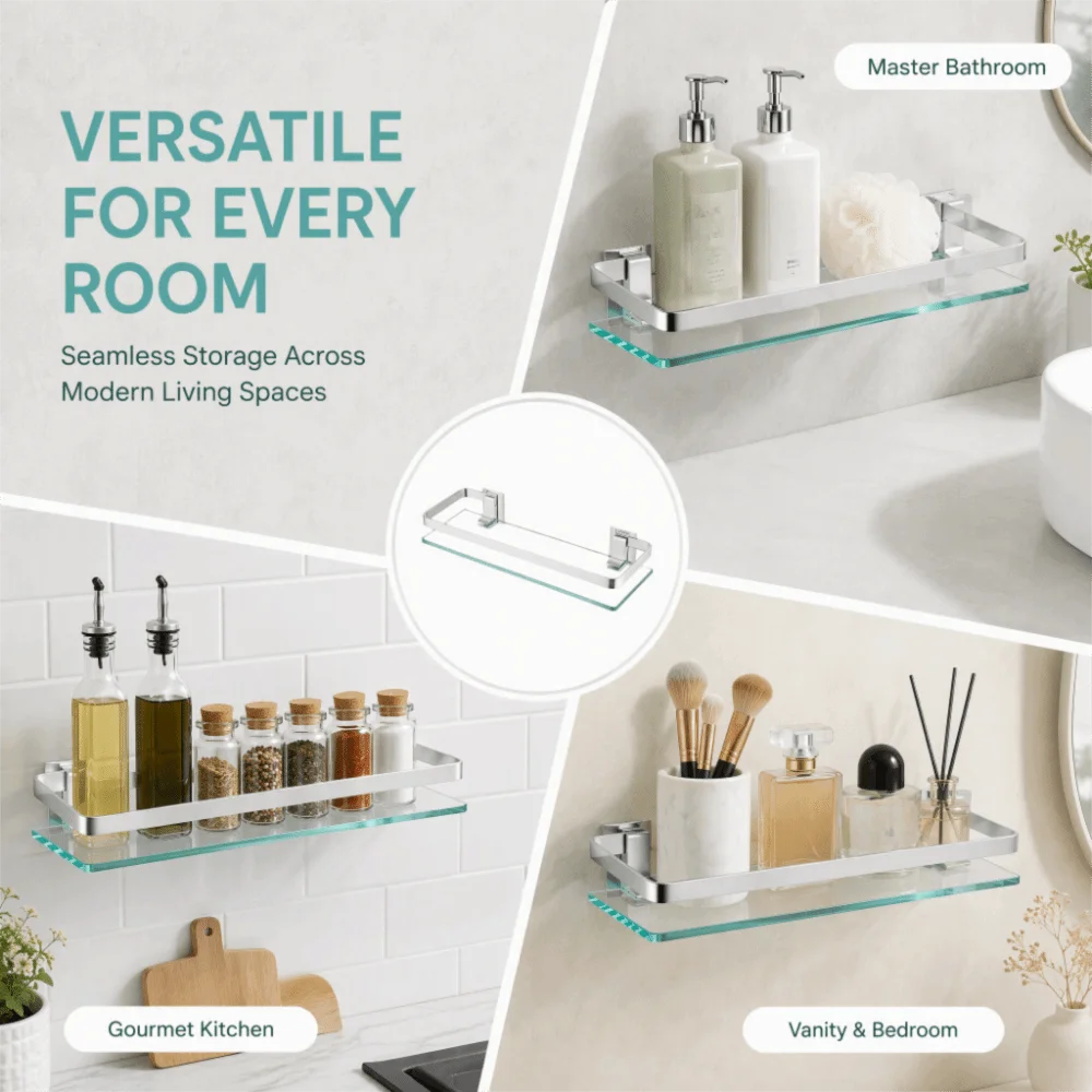 Aluminum Glass Bathroom Storage Rack Tempered Thickened Glass Rectangular Shape Glass Shelf Organizer Wall Mounted Silver