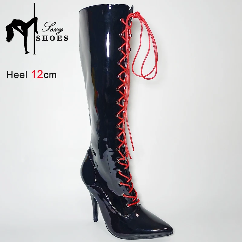 Voesnees Sexy schwarzer Spiegel kniehohe Stiefel Frauen t zeigen spitze Zehen Club Party Stiletto lange Stiefel Frauen Cross Dressing große Größe 36 ~ 46 3