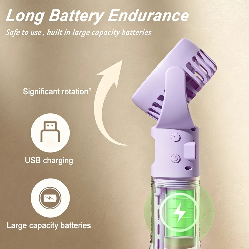 Tragbarer Handventilator, Luftbefeuchter-Ventilator, USB-aufladbar, für Outdoor-Camping, Handsprühgerät, persönlicher Ventilator, hängender Nackenventilator, Nebel-Schreibtischventilator – Detail 6