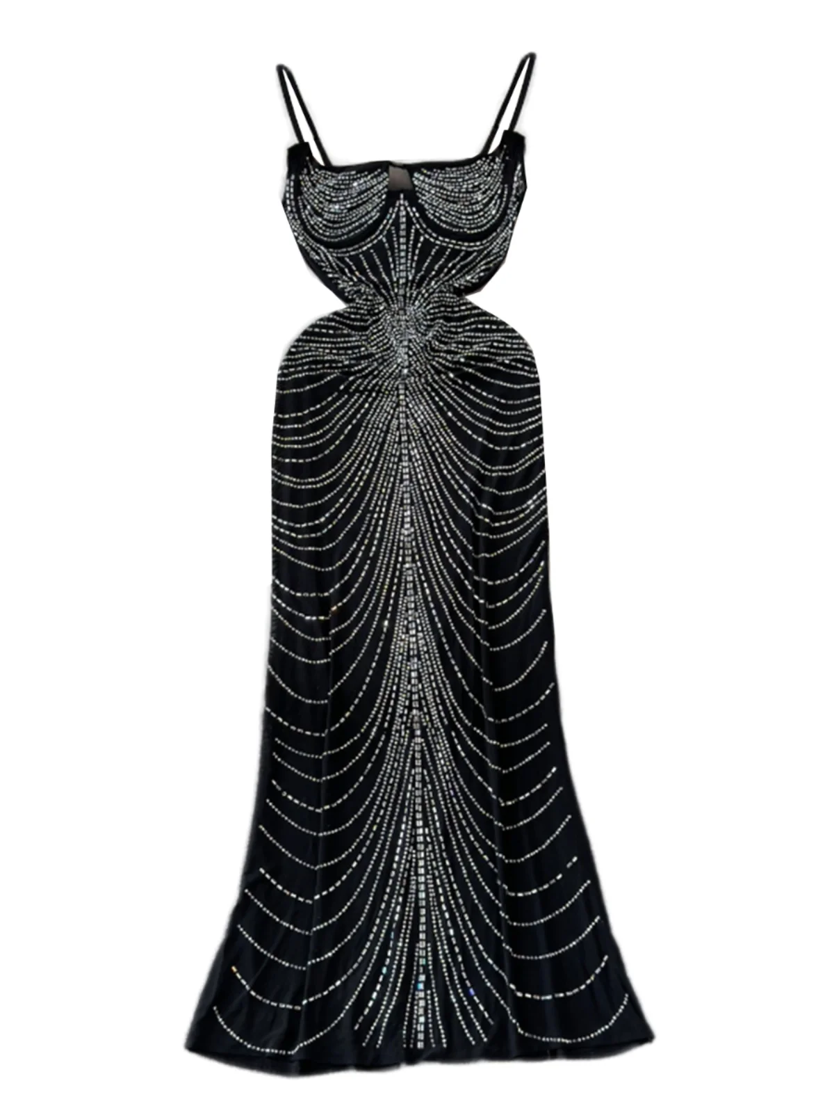   Sexy diamantbesetztes, durchsichtiges Netz-Trägerkleid, langes Dr. Damen-Sommerkleid mit hoher Taille und H-Form