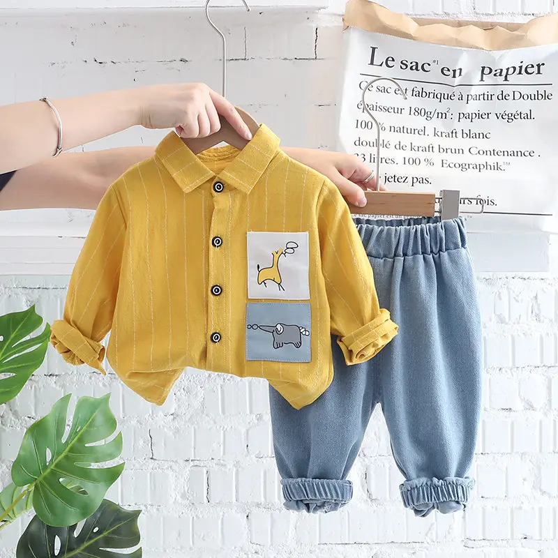 New Autumn Spring Kids Boy Fashion Cartoon Clothing Kid Suits Strips Shirt Pants Jeans 2pcs/Set Children Clothes Set 0-5 Years