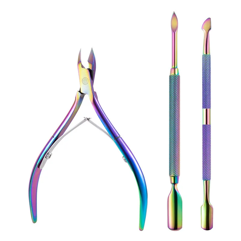 สีสันไทเทเนียมสแตนเลสสตีลเล็บชุดเครื่องมือ Cuticle Pusher ตะไบเล็บ Dead Skin Remover Kit เล็บผลิตภัณฑ์กําจัด