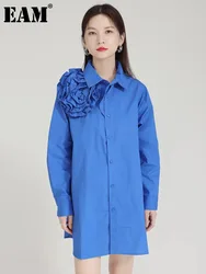 [EAM] Women Blue Three-dimensional Flower Big Size Blouse New Lapel Long Sleeve Shirt Fashion Tide Spring Autumn 2024 1DH6754