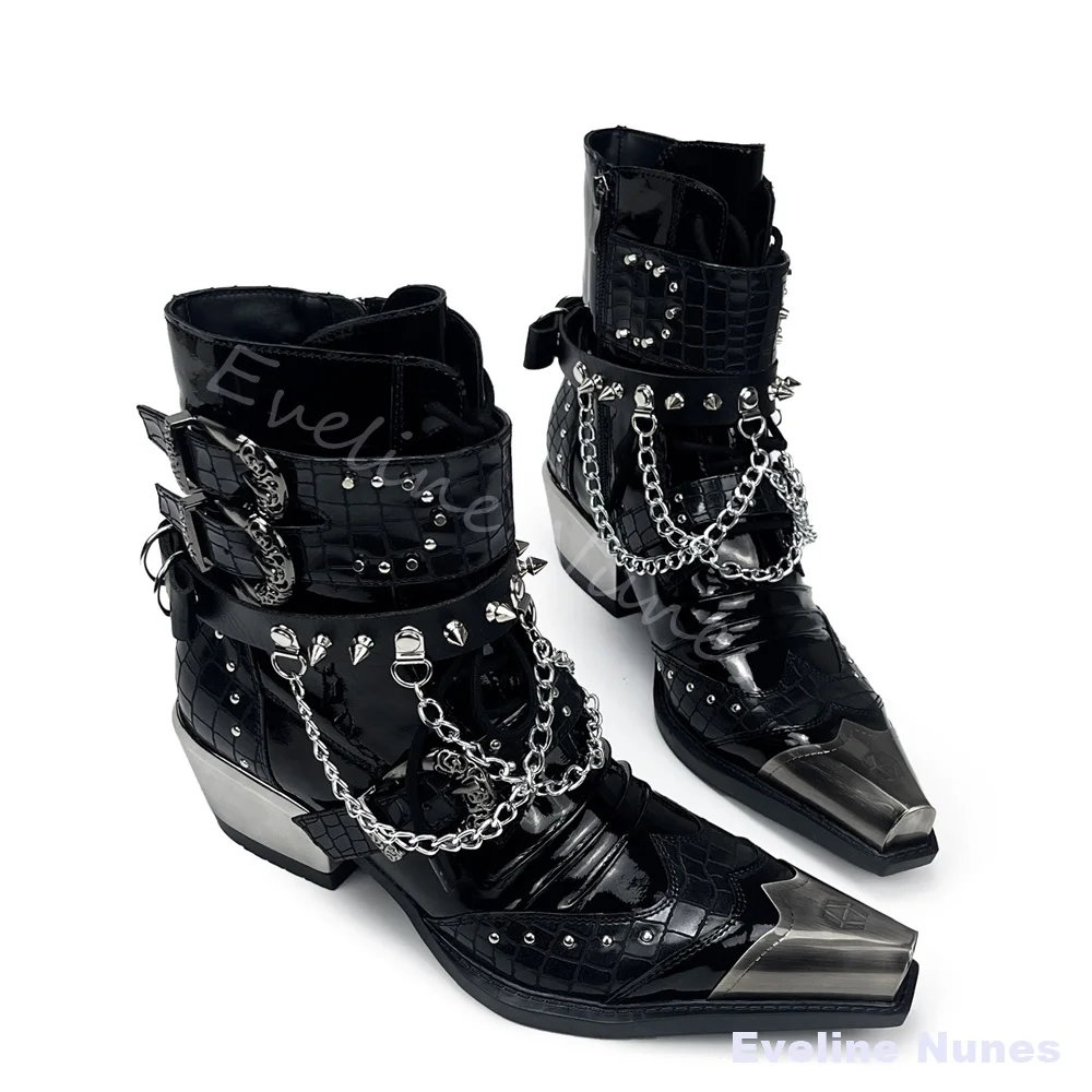 Black Patent Spiked Chain Western Ankle Boots Men Metal Toe Cap Pointed Chelsea Boots Unisex Gothic Punk Rock Street Cowboy Boot
