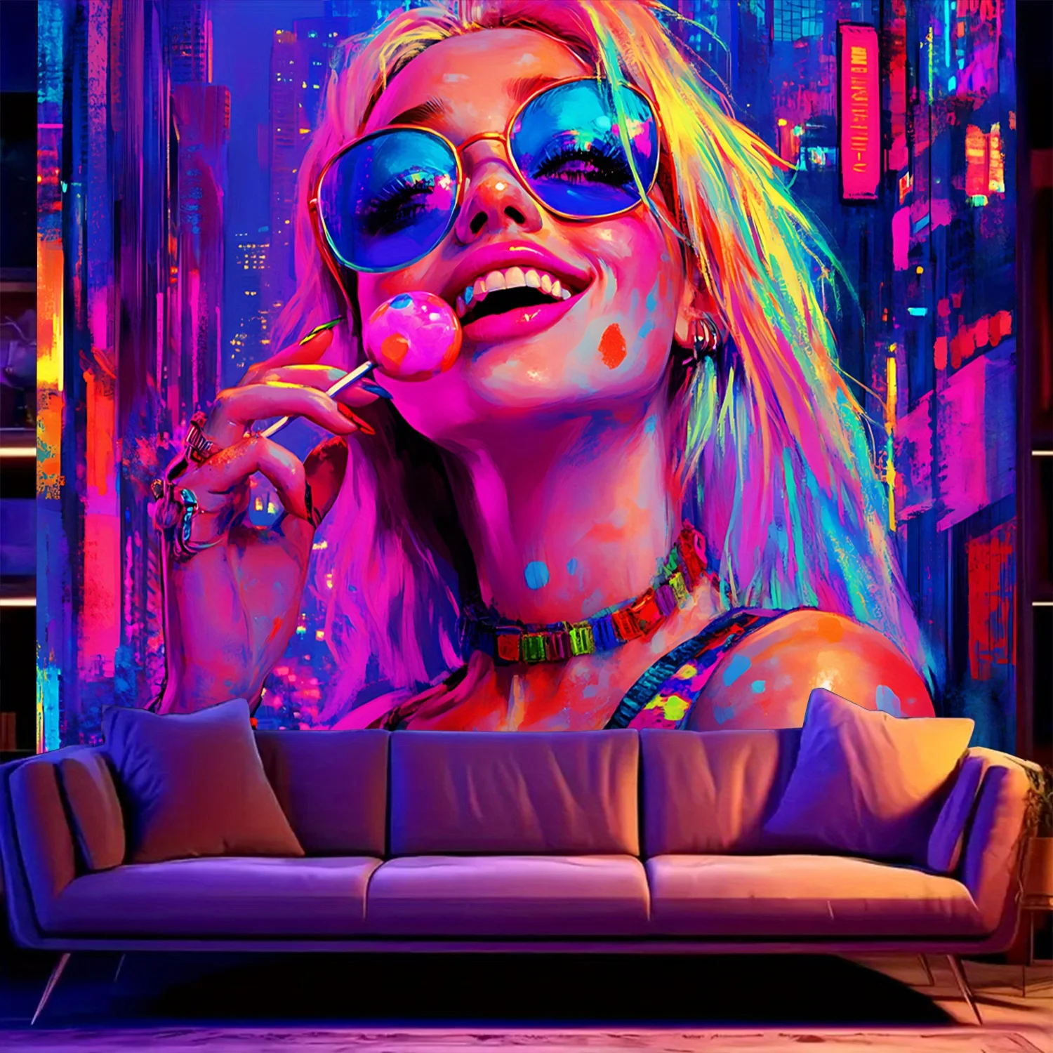 Cyberpunk Tapestry - Neon Girl Wall Art, Retro Futuristic Decor, Colorful Cityscape Hanging, Polyester, Multiple Sizes