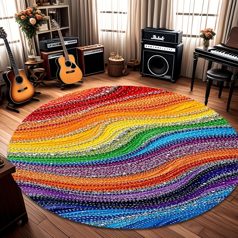 Rainbow Glitter Swirl Round Rug Colorful Abstract Wave Art Print Carpet for Living Room Bedroom Home Decor  Rug
