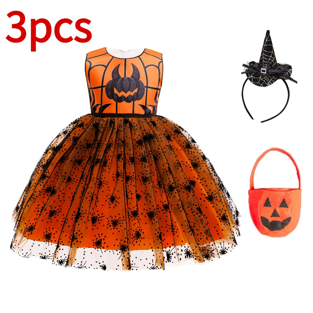 Girls Halloween Pumpkin Witch Costume Tutu Dress Spider Web Tulle Skirt+Hat+Candy Bag Kids Cosplay Party Outfit 3pcs 2-10 Years