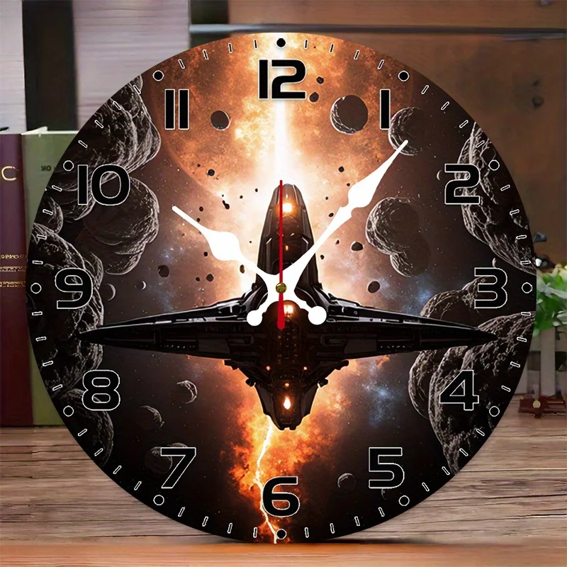 Reloj futurista con temática de nave espacial fabricado en chapa de madera de 10 pulgadas, con un diseño redondo, silencioso y plano. Las baterías no son