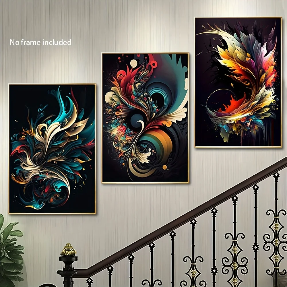 3pcs Modern Abstract Art Canvas Set - Colorful Line Wall Decor for Living Room, Bedroom, Office - Casual Style Oblong Horizon