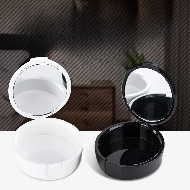 Caixa de armazenamento de dente oval compacta com espelho para dentaduras com design preto e branco caixa retentora ortodôntica portátil