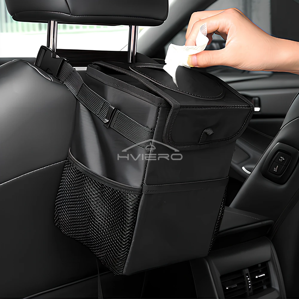 Trash Can with Lid and Storage Pockets 100% Leak Proof Organizer Waterproof Garbage Multipurpose Bin Black Load Dustbin for Car