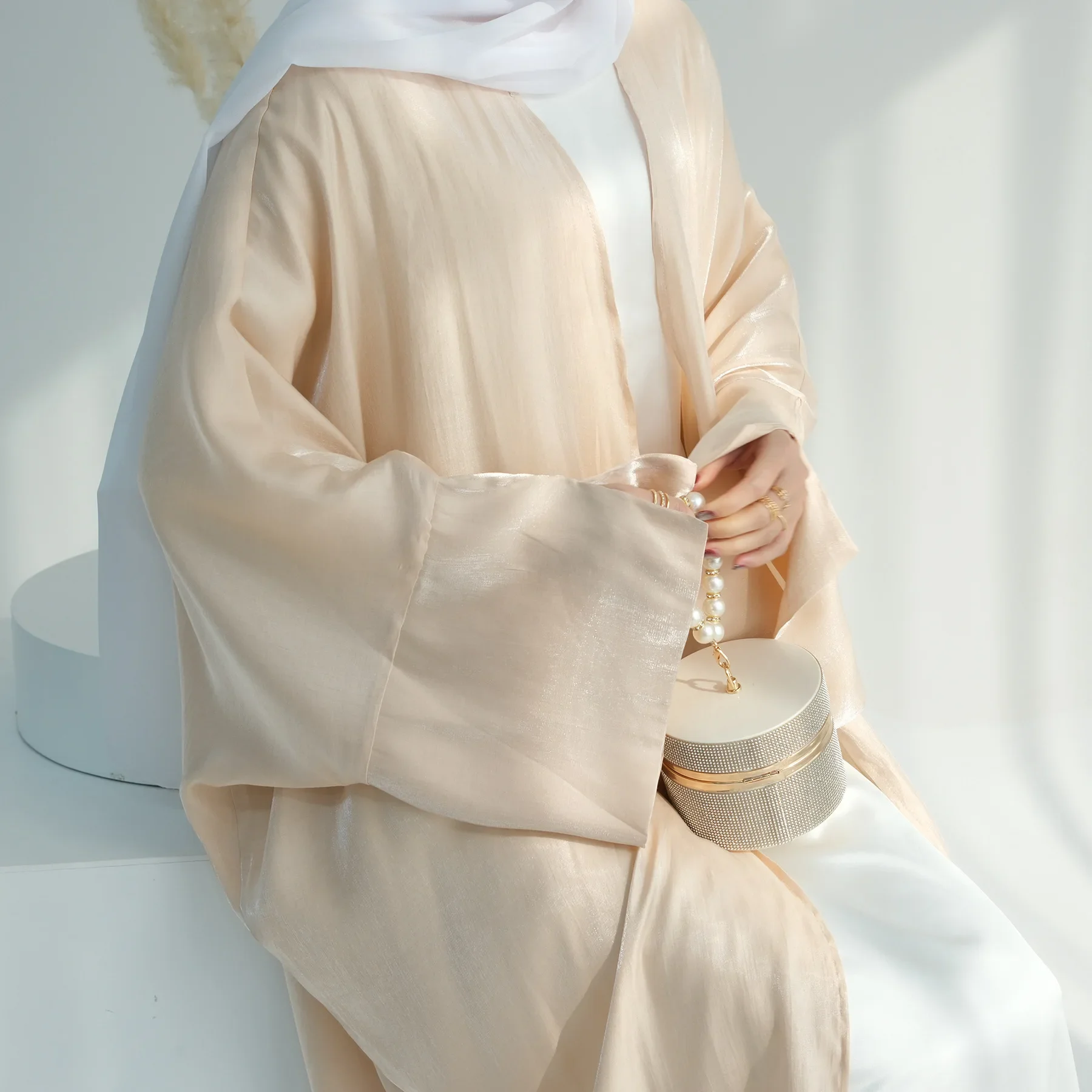 

Shimmer Open Abaya Soft Satin Shiny Women Islamic Clothing Kimono Cardigan Muslim Dubai Turkey Modest Abaya Long Dress Outfits