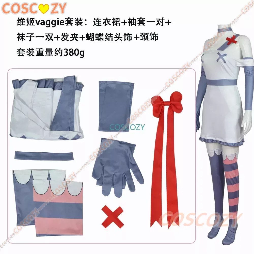 Anime Hotel Kostuum Vaggie Cosplay Kostuum Kleding Voor Vrouwen Halloween Kostuum Jurk Met Hoofddeksels Strik Kousen Set