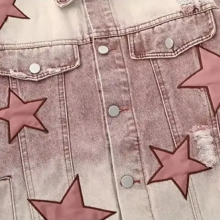 Washed Denim Jacket Patch Star Embroidery Women Coat Unisex Bomber Pink Cowboy Outwear Spring Autumn Street Jackets