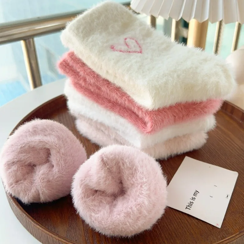 Thickened Middle Tube Socks Mink Fur Pink Embroidered Heart-shaped Women Autumn Winter Warm Sleep Home Solid Color Plush Sock