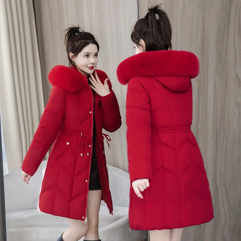 Autumn Winter Women Parkas Korean Fashion Solid Fur Collar Hooded Pockets Zipper Corset Thicken Loog Cardigan Down Coats Tops